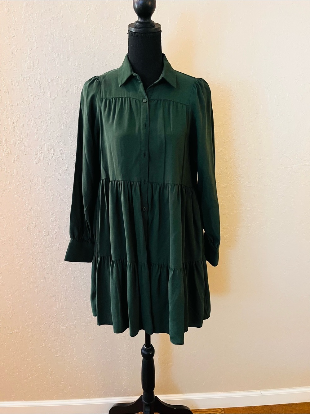 Zara Forest Green Tiered Button-Front Midi Baby doll Dress